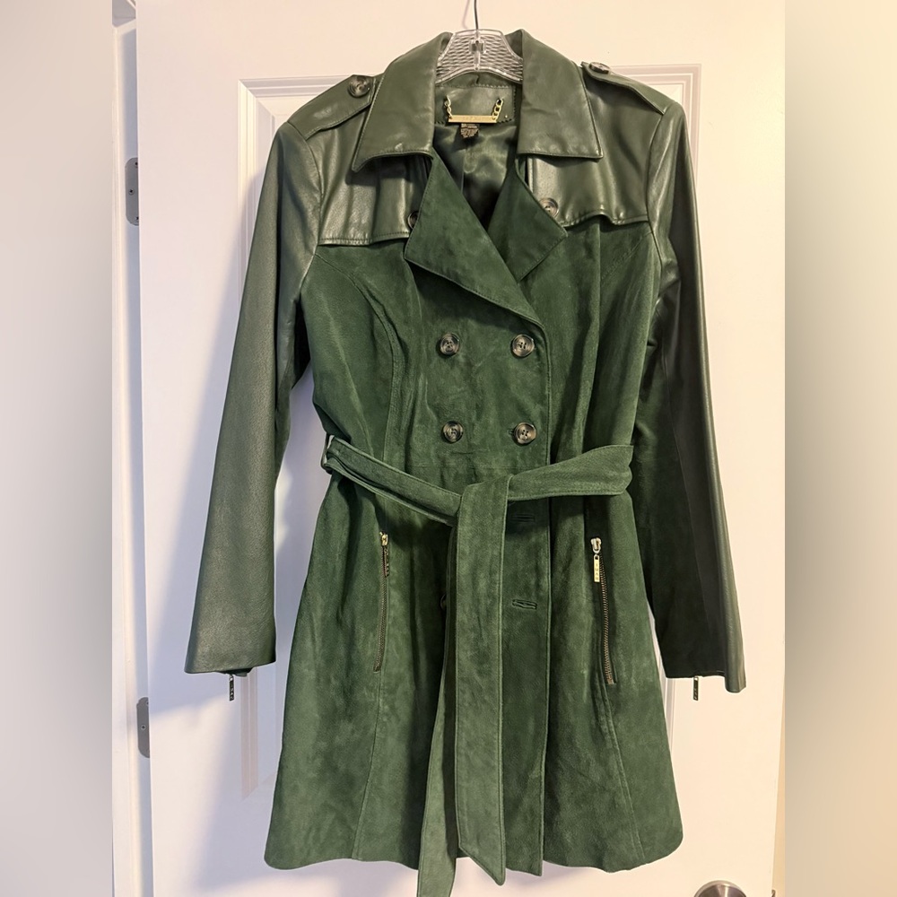 IMAN Suede Leather Belted Trench Coat – Dark Green, Size XL (Fits Like L)